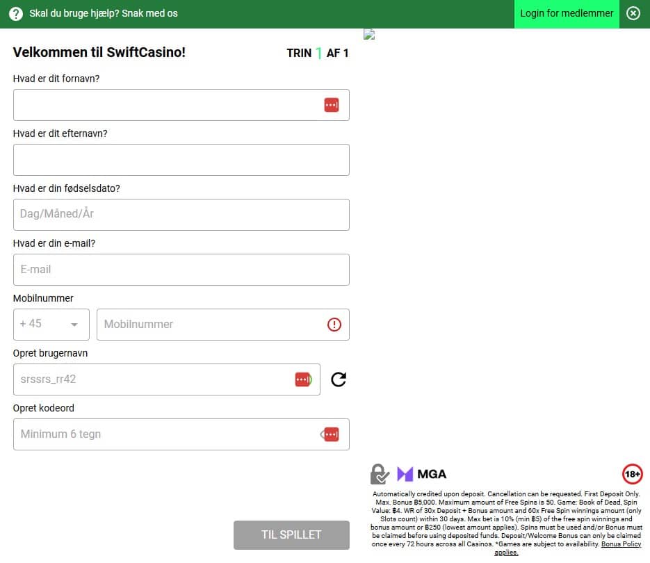 registrering swiftcasino